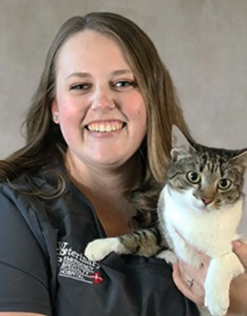 Haley Zelt smiling in front of a grey backdrop holding a white and brown cat